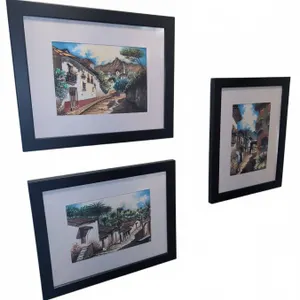 3 Framed Prints Depicting Village Scenes with Black Frames