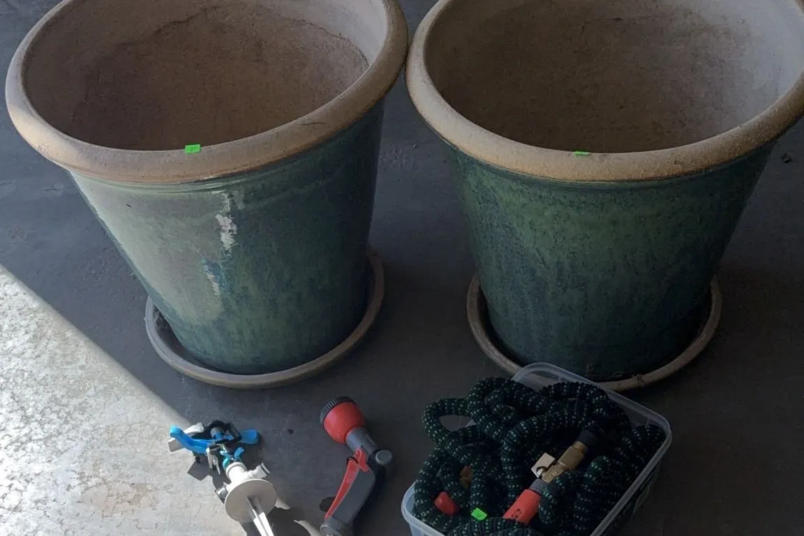 Two Glazed Ceramic Planters with Saucers & Garden Hose