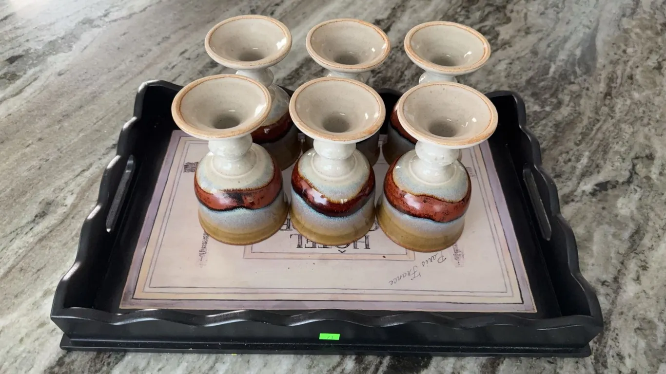 6 Glazed Stoneware Goblets with Multicolour Bands
