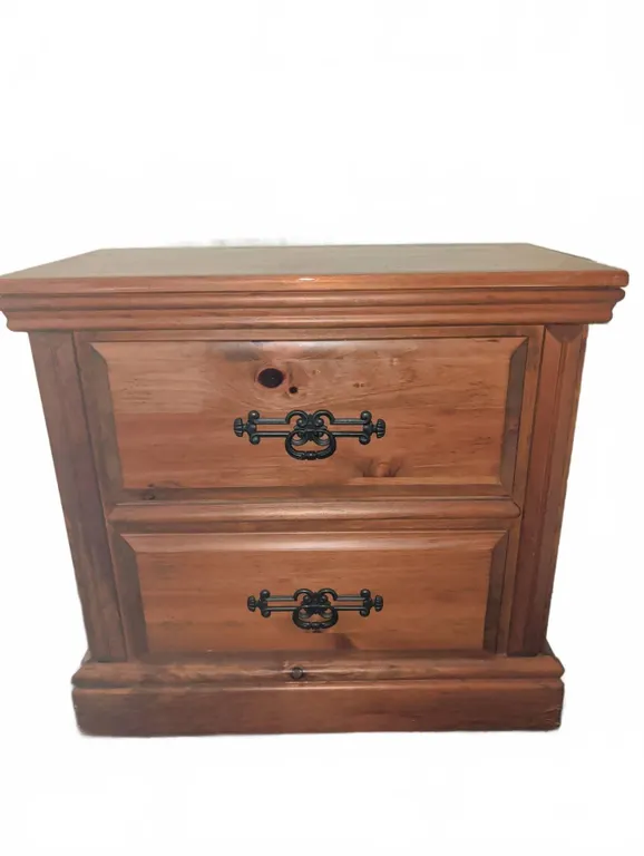 Wood Nightstand with Two Drawers and Metal Pulls