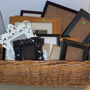 Wicker Basket With Assorted Photo Frames Wood Black White Mixed Sizes