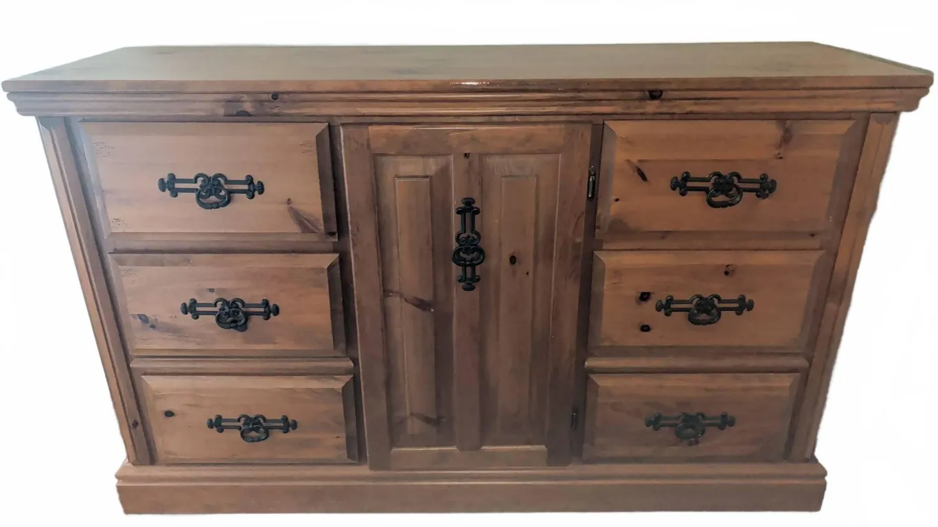 Solid Pine Chest of Drawers with Centre Cabinet and Decorative Iron Handles