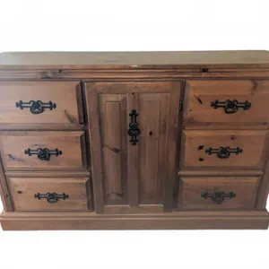 Solid Pine Chest of Drawers with Centre Cabinet and Decorative Iron Handles