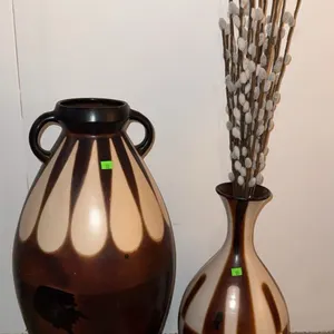 Three Brown and Cream Patterned Ceramic Vases with Handles and Decorative Branches