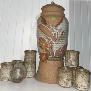 Stoneware Beverage Dispenser with Wooden Spigot and 8 Matching Cups