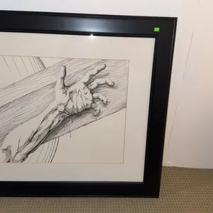 Framed Ink Drawing of Hand Reaching Out with Black Mat and Beaded Frame