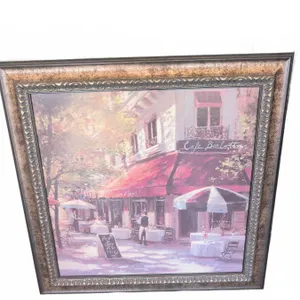Framed Print of Street Café Scene with Ornate Metallic Frame 34" x 34"