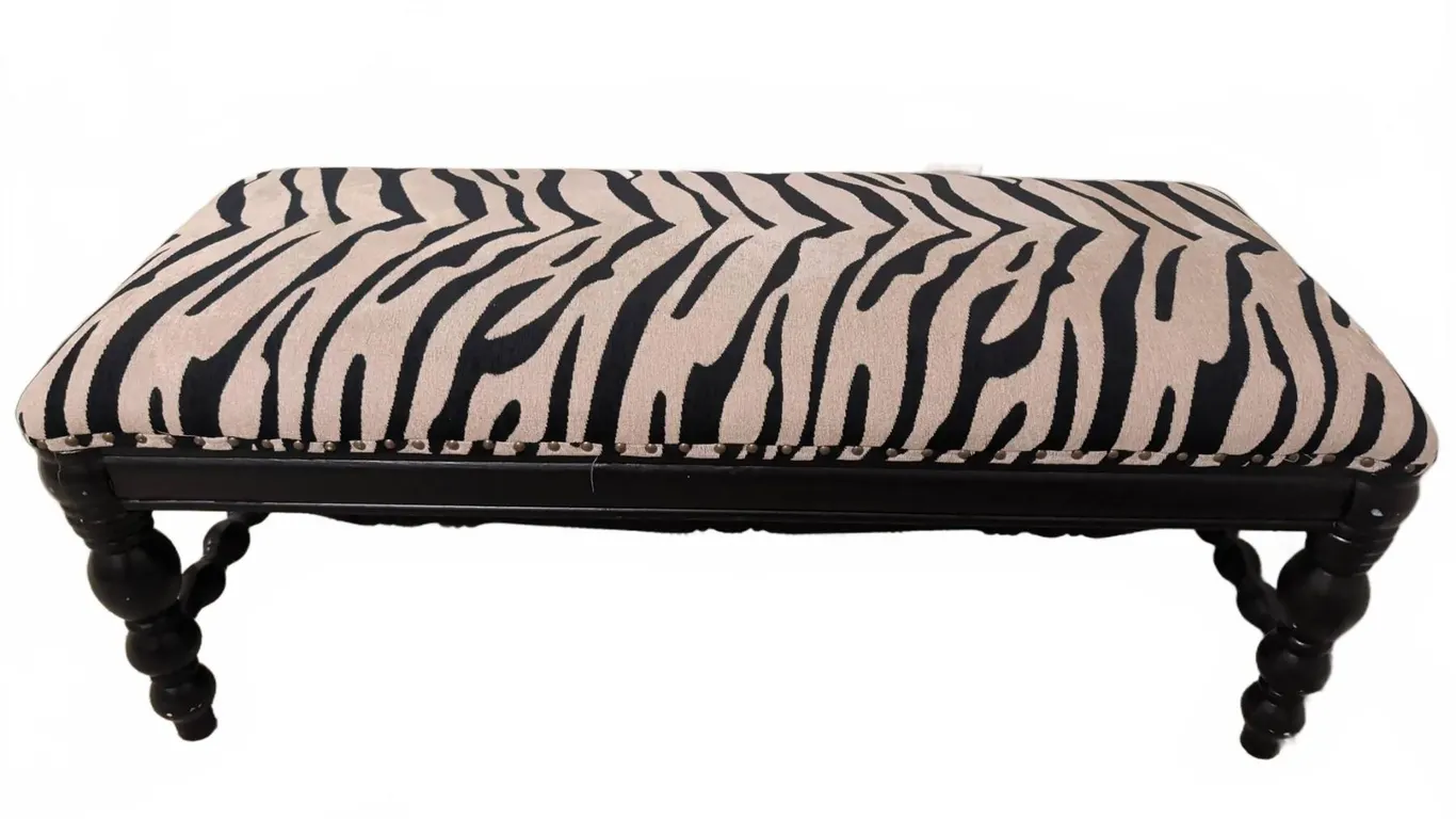 Upholstered Bench with Black and Beige Zebra Print Fabric