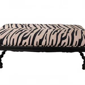 Upholstered Bench with Black and Beige Zebra Print Fabric and Turned Wood Legs