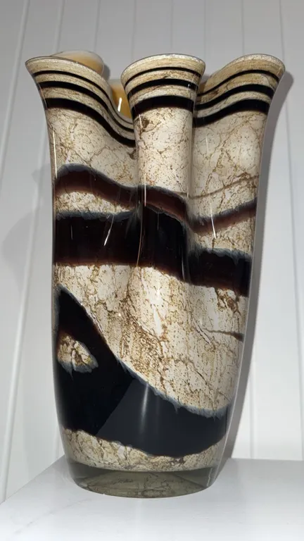 Murano Glass Vase with Layered Brown and Cream Swirl Pattern Art Piece