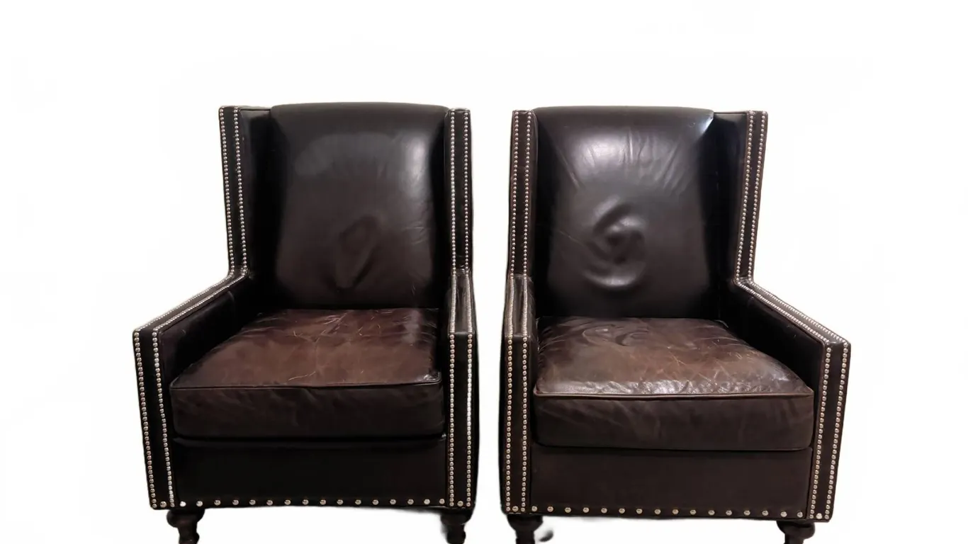 Brown Leather Wingback Armchairs with Nailhead Trim