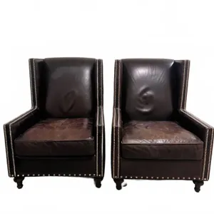 Brown Leather Wingback Armchairs with Nailhead Trim