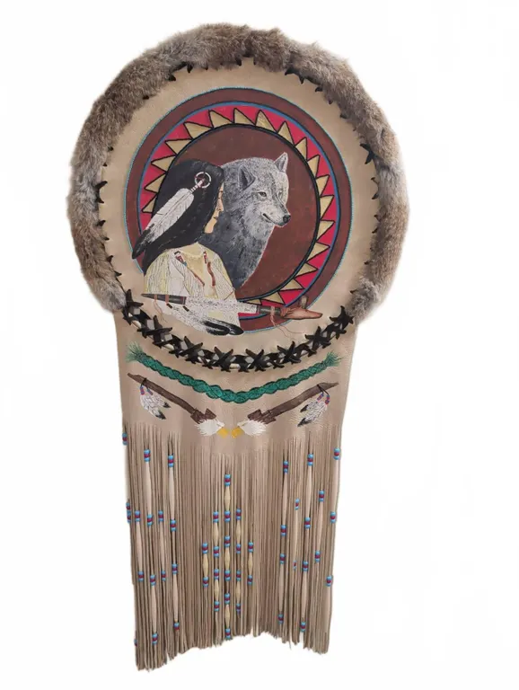 Leather Wall Hanging with Painted Wolf, Figure, Feathers