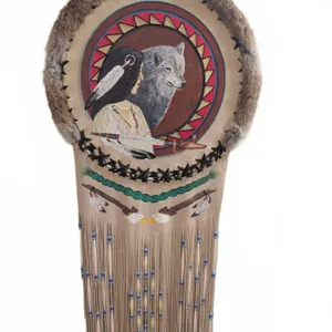 Leather Wall Hanging with Painted Wolf, Figure, Feathers, and Beaded Fringe