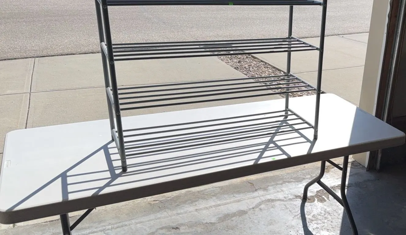 Metal Shoe Rack and Lifetime Folding Plastic Table