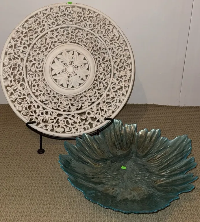 Decorative Carved White Wall Plaque and Textured Blue Glass Bowl