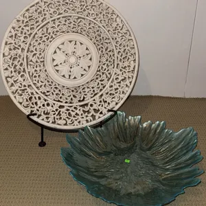 Decorative Carved White Wall Plaque and Textured Blue Glass Bowl