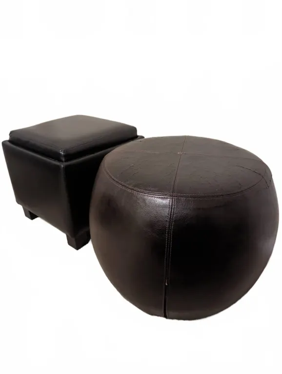 Black Vegan Leather Ottomans, One Round, One Square with Storage and Tray