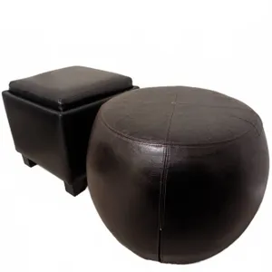 Black Vegan Leather Ottomans, One Round and One Square with Storage and Tray