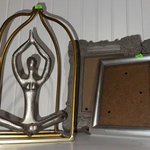 Silver-Tone Yoga Figure in Gold Frame and Three Decorative Picture Frames