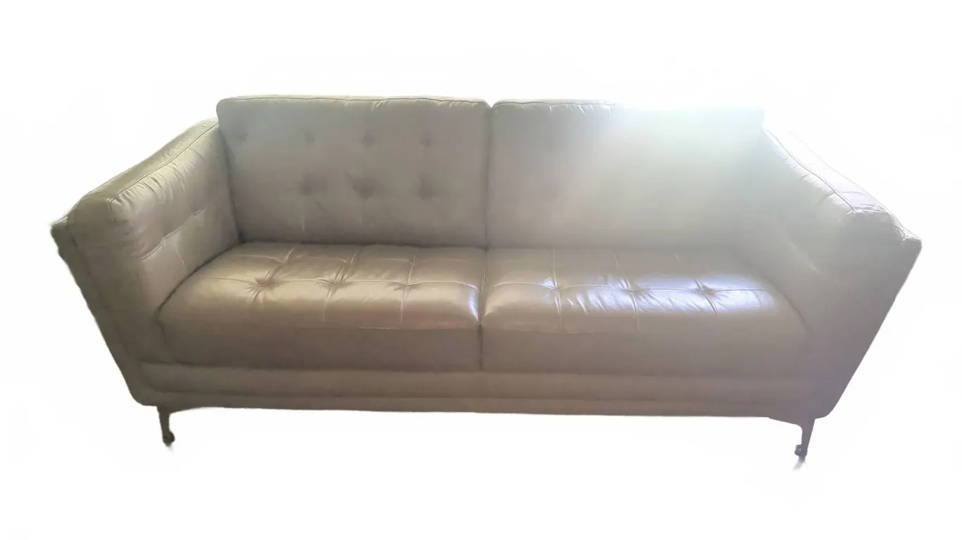 Taupe Leather Sofa with Tufted Back and Seat
