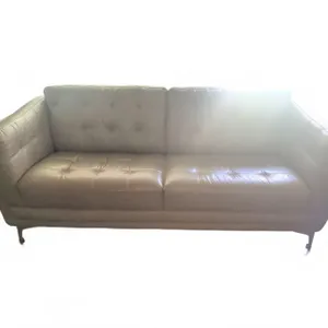 Taupe Leather Sofa with Tufted Back and Seat, Metal Legs, 89"W x 37"D x 32"H