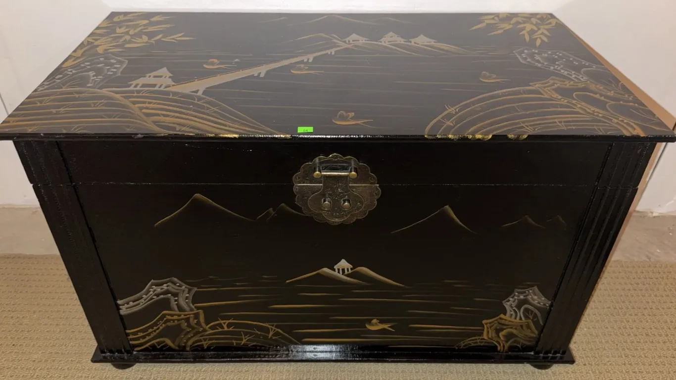 Black Lacquered Wood Chest with Asian Motif and Brass Hardware