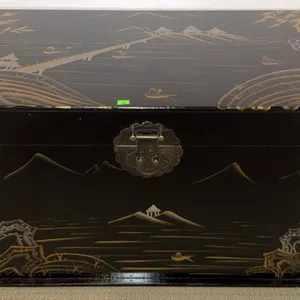 Black Lacquered Wood Chest with Asian Motif and Brass Hardware