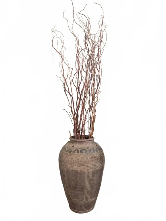 Floor Vase with Carved Decorative Patterns & Dried Branches