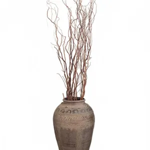 Floor Vase with Carved Decorative Patterns & Dried Branches