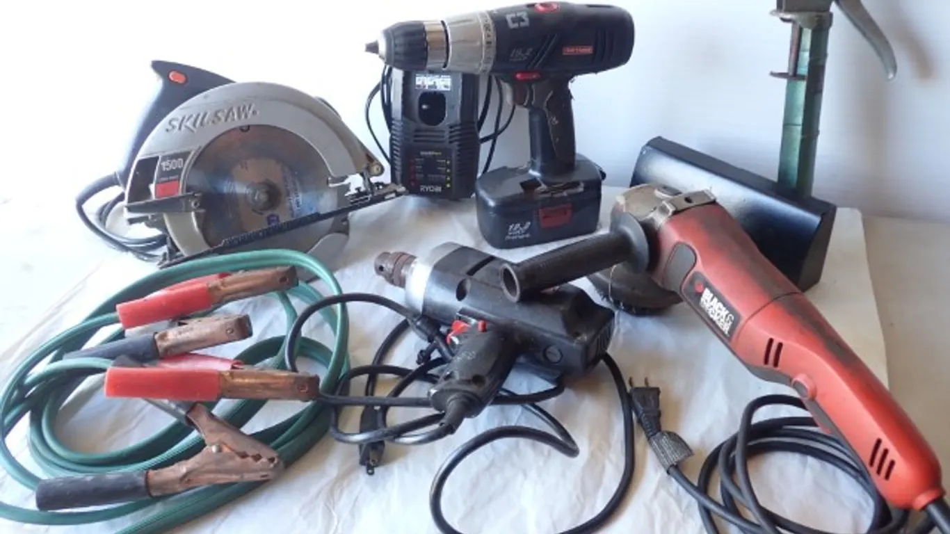 Assorted Power Tools, Charger & Jumper Cables