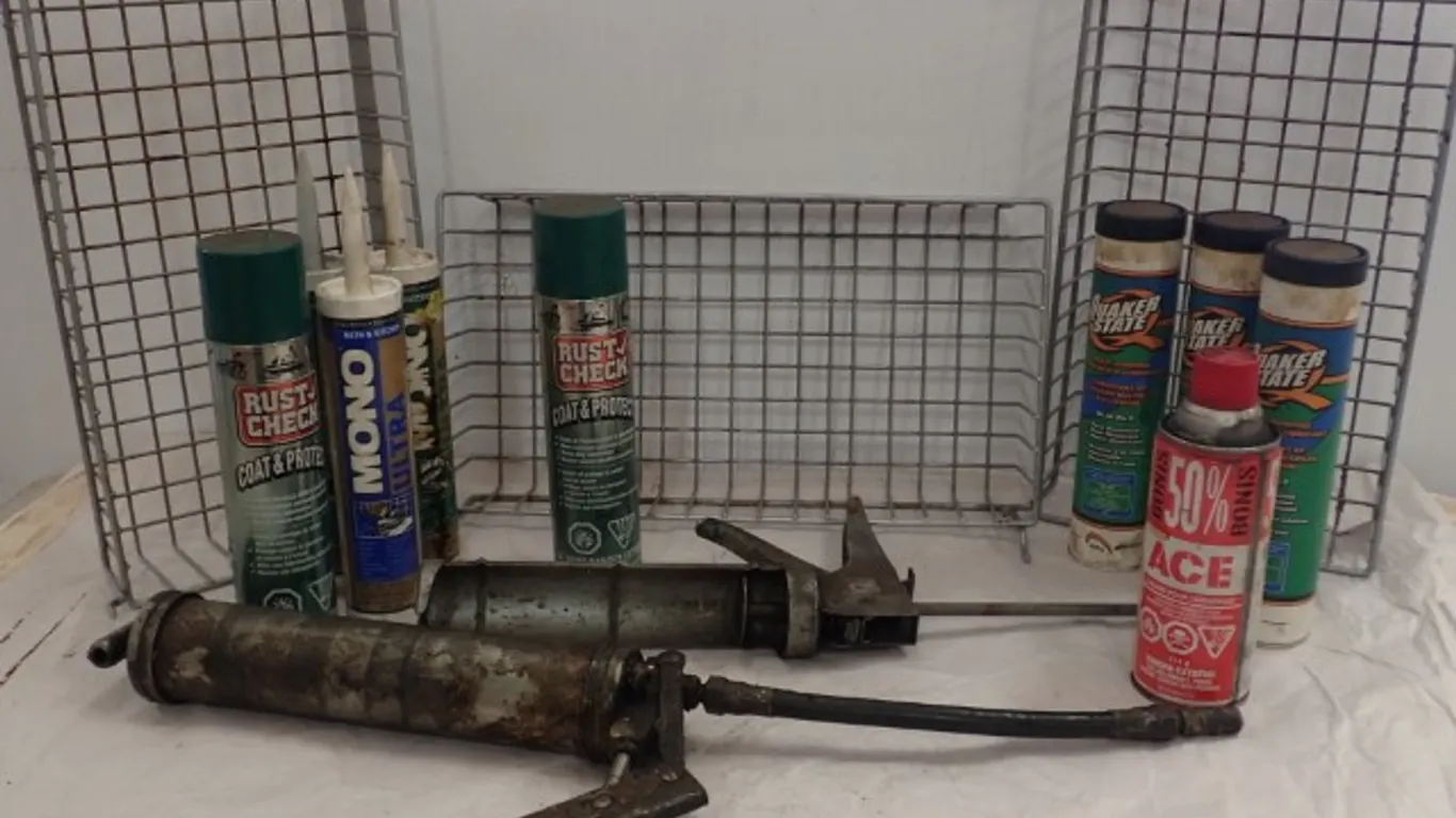 Grease gun, Caulk and wire baskets
