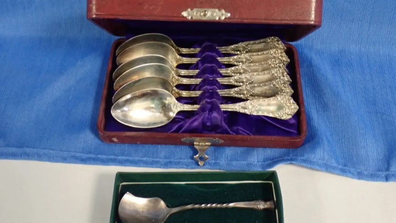 Cased Sterling Silver Spoons and Pewter Bell Ornament
