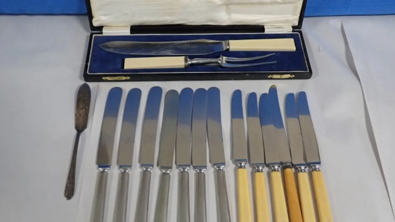 Cased Sheffield Carving Set and Assorted Table Knives