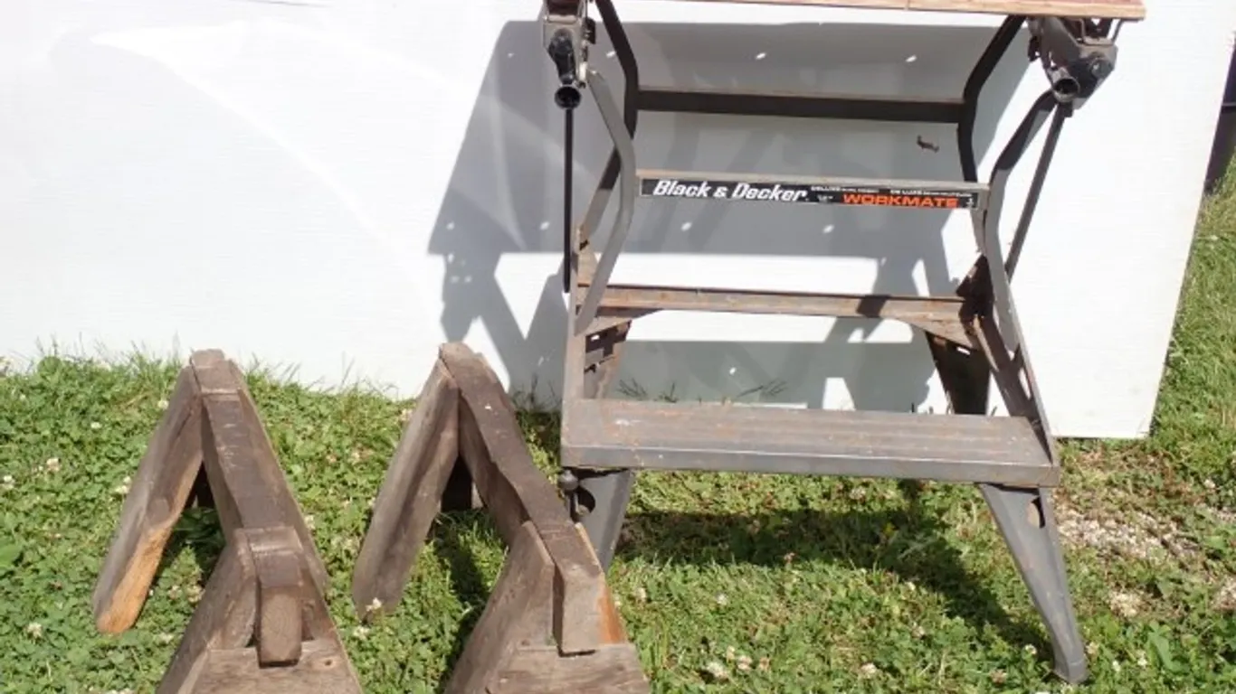 Portable Workmate and Pair of Low Wooden Sawhorses
