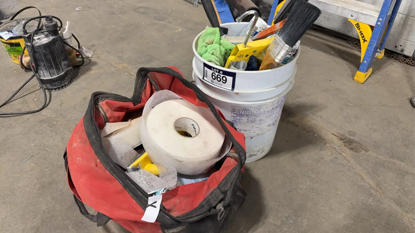 Lot of Asst. Tools & Consumables Including Paint Brushes, Sanders, Silicone, Caulking Gun, Paint Rol