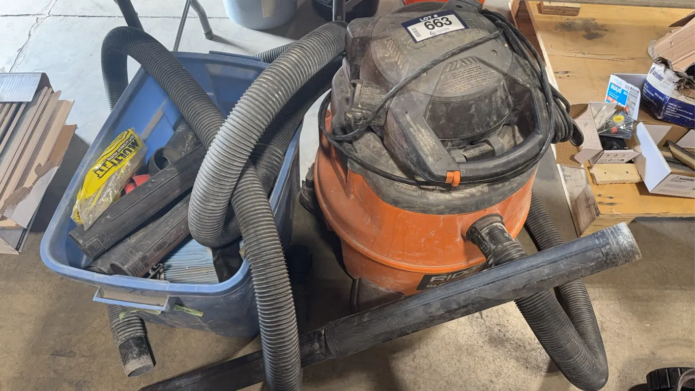 RIDGID Blower Vac, Model WD16800 w/ Plastic Tote of Asst. Vacuum Attachments