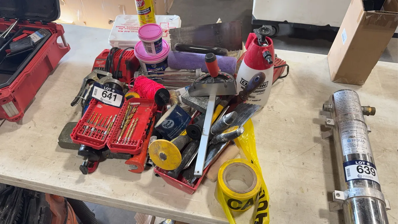 Lot of Asst. Tools Including Scrapers, Tape, Battery Chargers, Grease Gun, Drill Bits, Tape Measures
