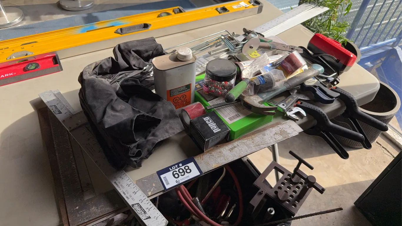Lot of Asst. Tools Including T-Squares, Construction Squares, Hammers, Clamps, Wire Strippers, Tape,