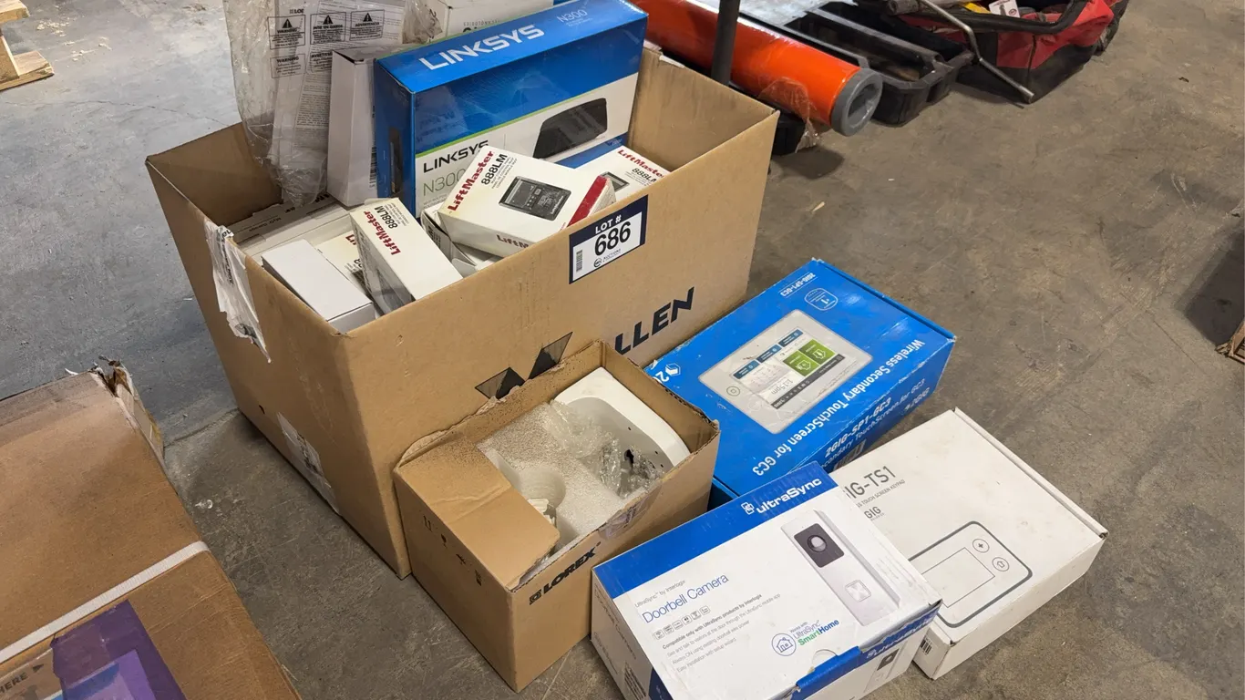 Box of Asst. Security Panels, Touchscreen Keypads, Doorbell Cameras, Keypads, Wireless Router & Gara