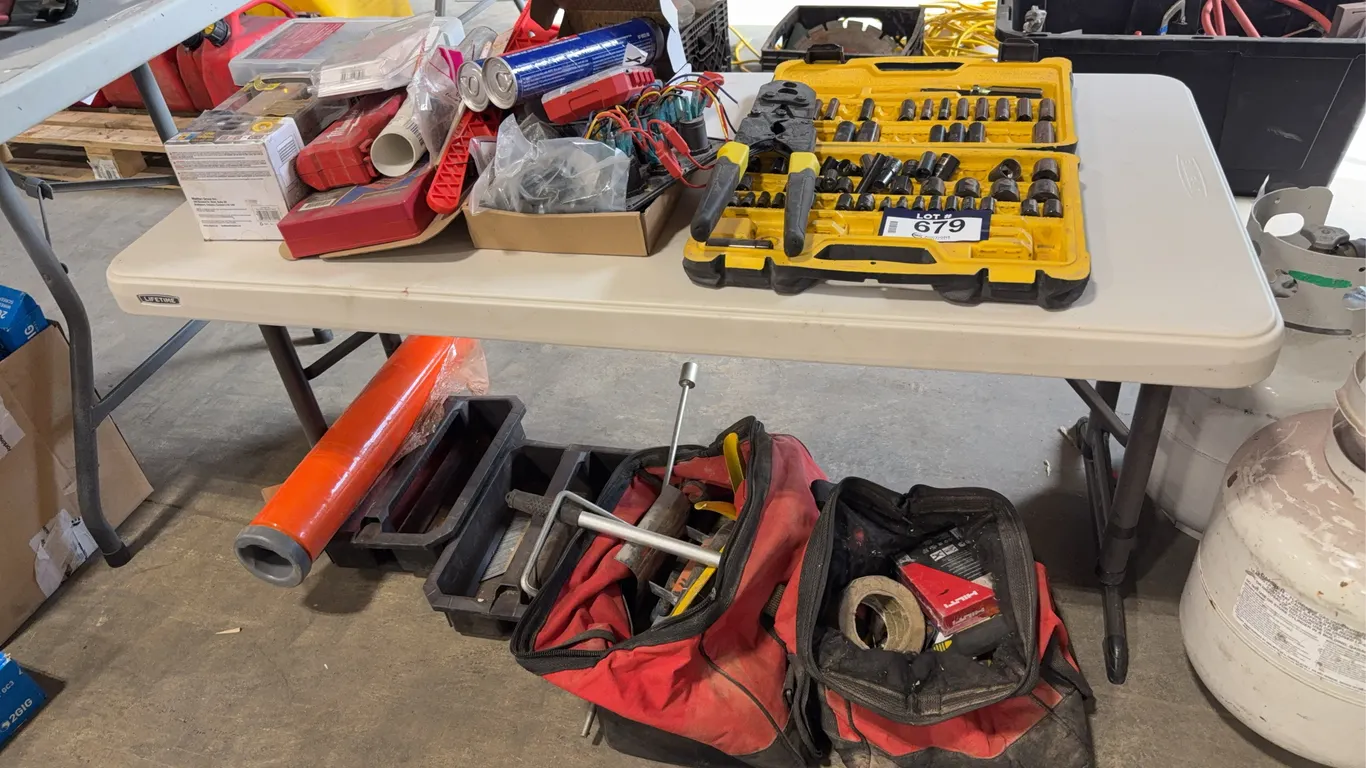 Lot of Asst. Tools & Consumables Including Socket Set, Drill Bits, Straps, Lights, O-Ring, Etc.