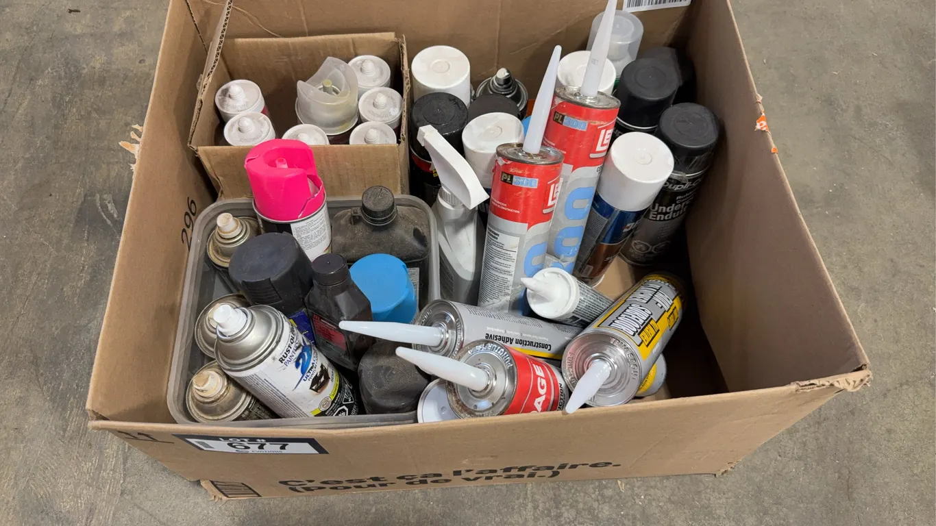 Box of Asst. Fluids Including Paint, Sealant, Lubricants, Etc.
