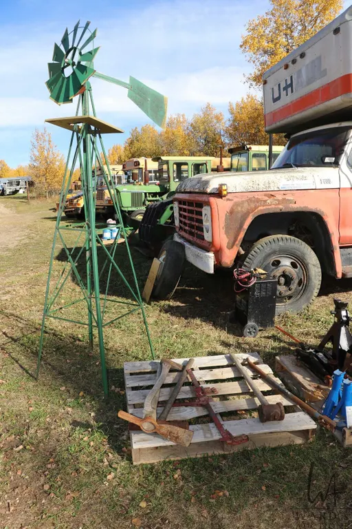 Free standing weather vane windmill, fence stretcher, sledge hammer, axe etc