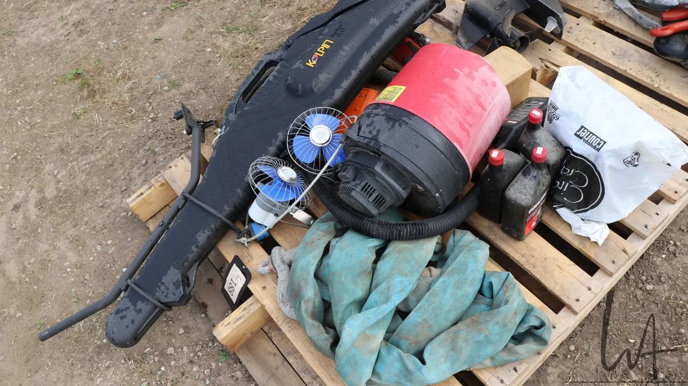 Pallet of assorted items including ATV mounted rifle case, small shop vac., tow strap, Yamalube etc.