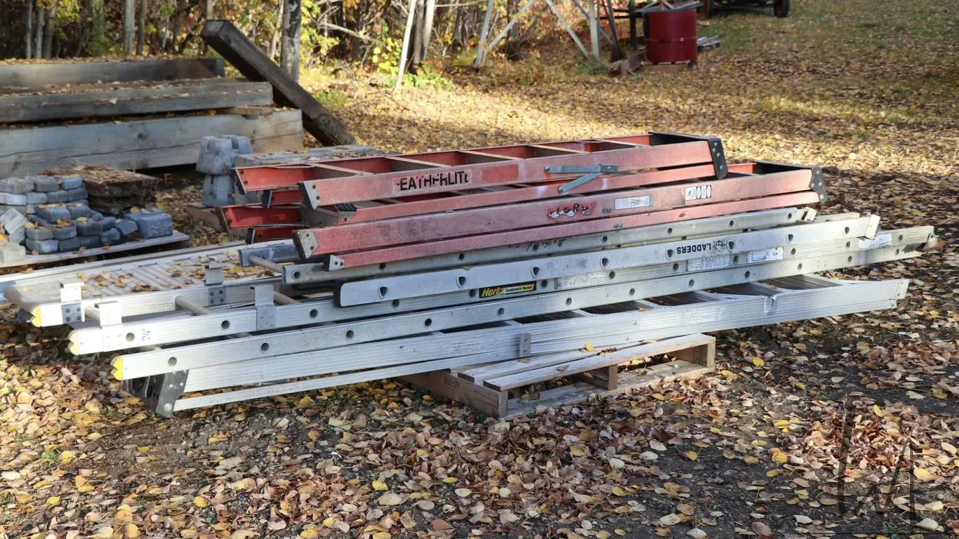 Three partial sections of extension ladders, damaged step ladder, folding step stool etc