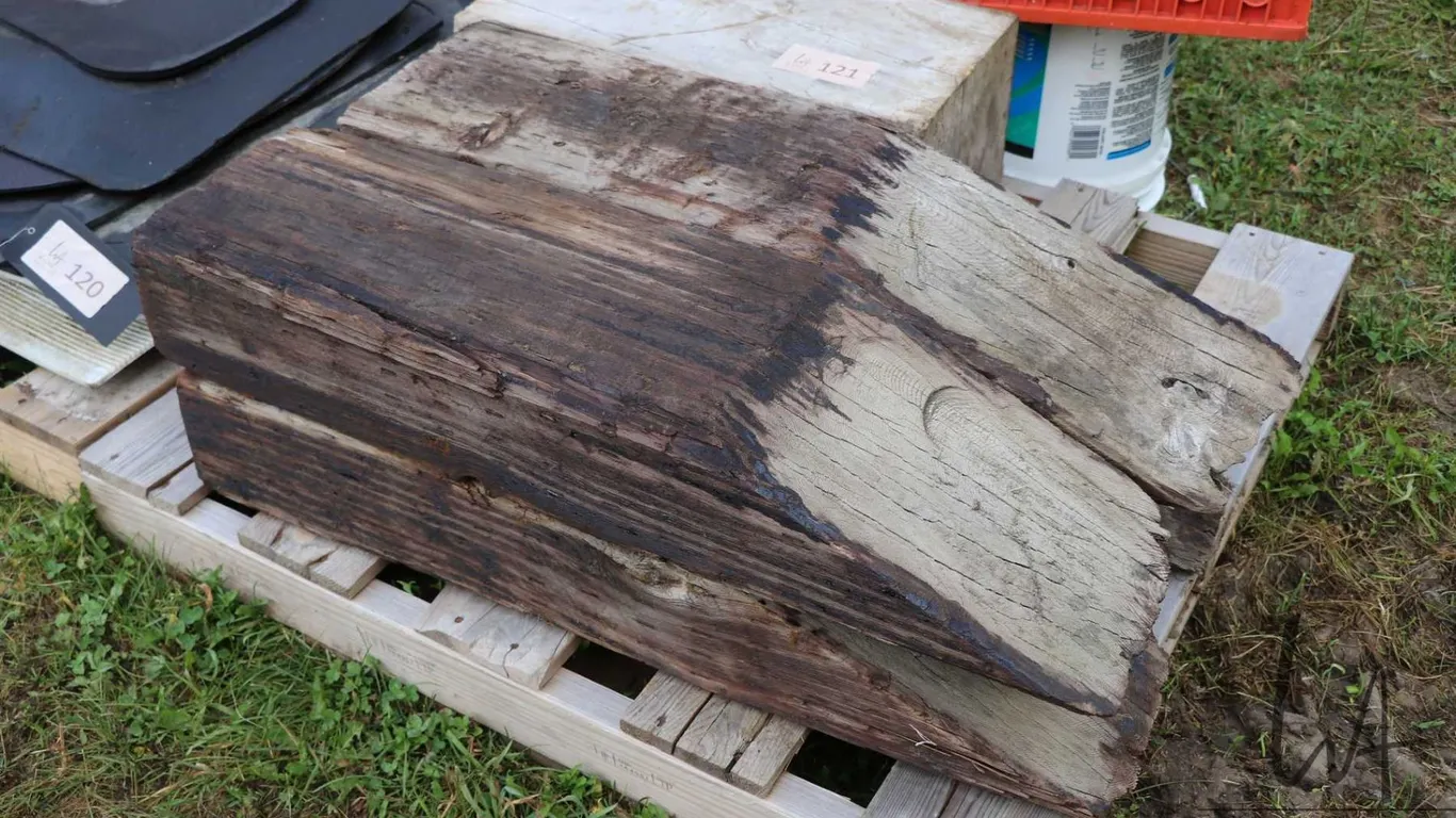 Four shop made wooden vehicle ramps and two blocks
