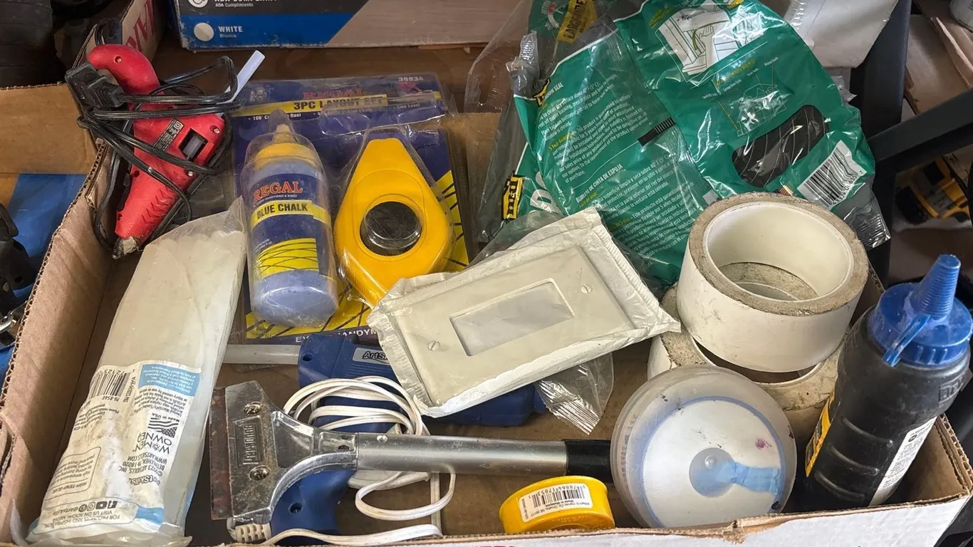 MARKING CHALK, SCRAPERS, THREAD TAPE AND GLUE GUNS
