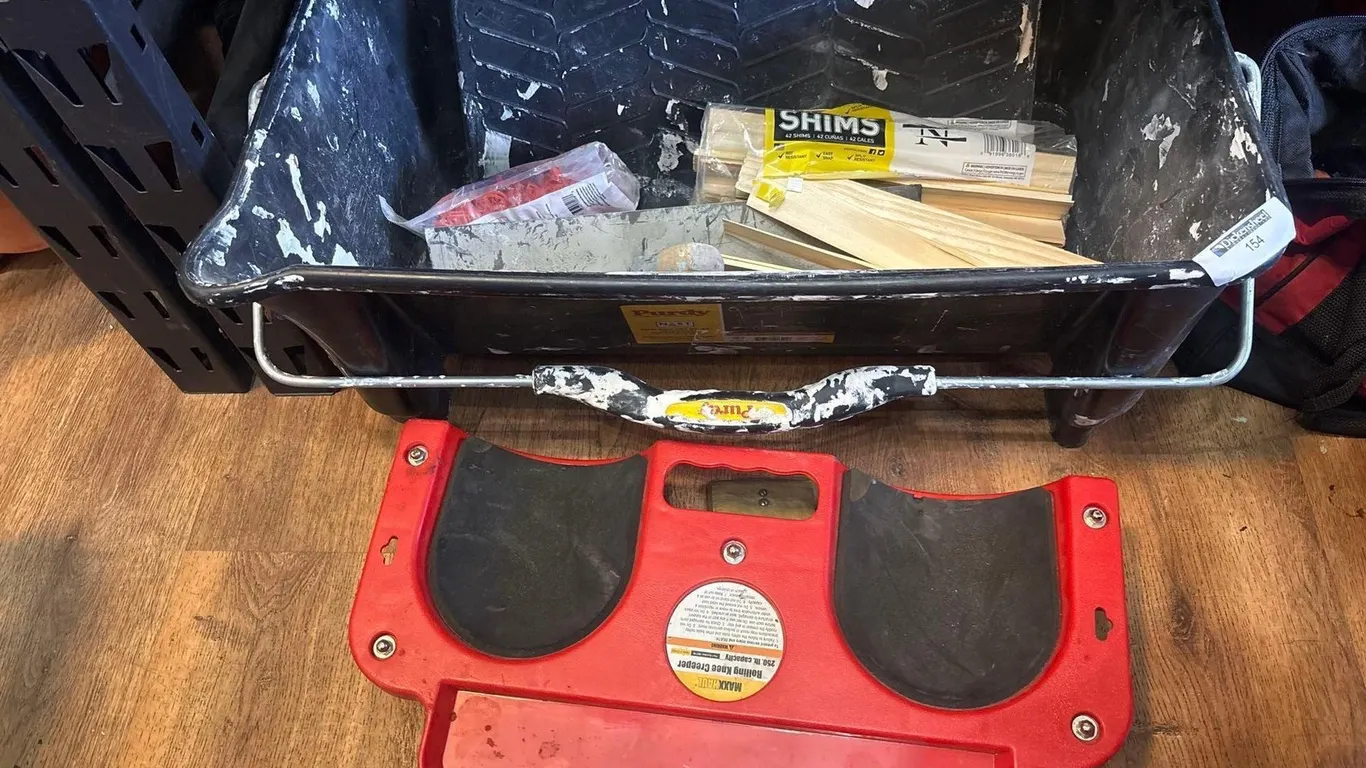 ROLLING KNEE CREEPER, ROLL OFF BUCKET, SHIMS AND TROWELS