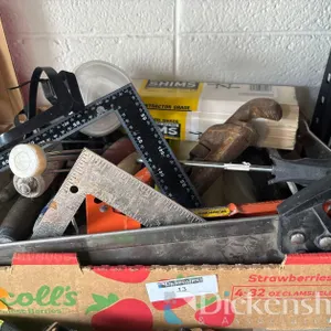 VARIOUS HAND TOOLS INCLUDING SAWS, WRENCHES, TROWELS , SQUARES