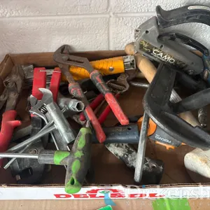 SELECTION OF TOOLS INCLUDING PLIERS, C-CLAMPS, HAMMERS, STAPLE GUNS